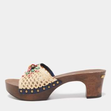 Pre Owned Louis Vuitton Cream Raffia and Net Clog Size 38 