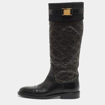 Pre Owned Louis Vuitton Black/Brown Monogram Leather Knee Length Boots Size 40.5
