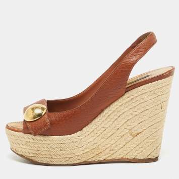 Pre Owned Louis Vuitton Brown Leather Wedge Platform Espadrille Slingback Sandals Size 39.5