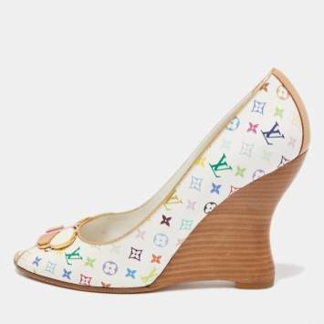 Pre Owned Louis Vuitton Multicolor Leather Peep Toe Wedge Pumps Size 38