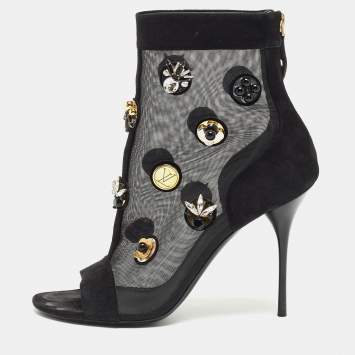 Pre Owned Louis Vuitton Black Mesh and Suede Embellished Open Toe Booties Size 39