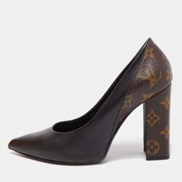 Pre Owned Louis Vuitton Black/Brown Leather and Monogram Canvas Pointed Toe Block Heel Pumps Size 38.5