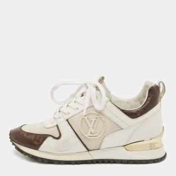 Pre Owned Louis Vuitton White Leather, Mesh and Monogram Canvas Run Away Sneakers Size 37.5