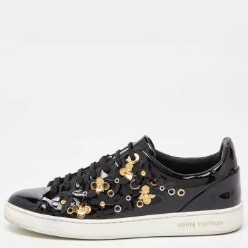 Pre Owned Louis Vuitton Black Patent Leather Blossom Floral Embellished Frontrow Sneakers Size 36