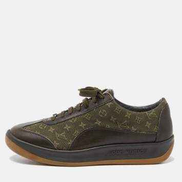 Pre Owned Louis Vuitton Army Green Leather and Monogram Canvas Mini Lin Sneakers Size 40.5