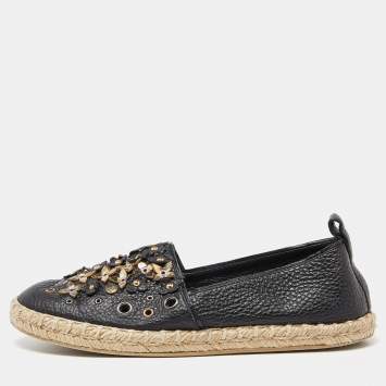 Pre Owned Louis Vuitton Black Leather Tropical Bloom Espadrille Flats Size 37.5