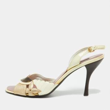 Pre Owned Louis Vuitton Cream/Brown Monogram Patent and Leather Slingback Sandals Size 41