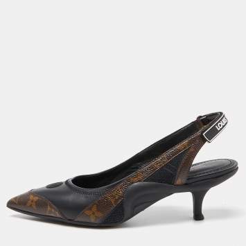 Pre Owned Louis Vuitton Brown/Black Monogram Canvas and Leather Archlight Slingback Pumps Size 38