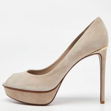 Pre Owned Louis Vuitton Beige Suede Eyeline Peep Toe Platform Pumps Size 38