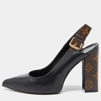 Pre Owned Louis Vuitton Black Monogram Canvas and Leather Matchmake Slingback Pumps Size 38