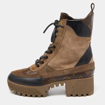 Pre Owned Louis Vuitton Brown Suede and Monogram Canvas Laureate Ankle Boots Size 38.5