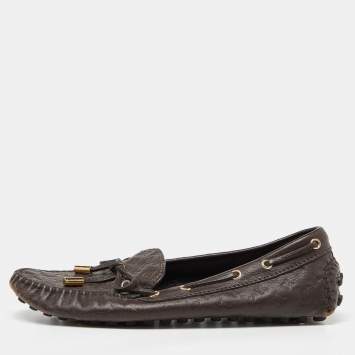 Pre Owned Louis Vuitton Brown Monogram Embossed Leather Gloria Loafers Size 37