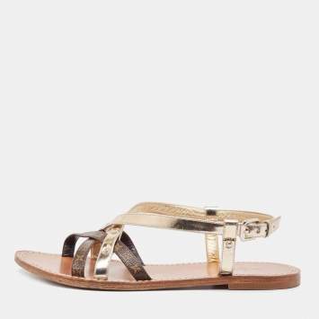 Pre Owned Louis Vuitton Brown/Gold Foil Leather and Monogram Coated Canvas Strappy Flat Sandals Size 40