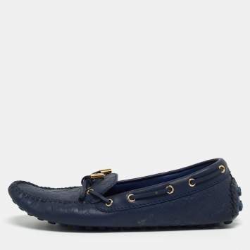 Pre Owned Louis Vuitton Navy Blue Monogram Embossed Leather Gloria Loafers Size 38.5