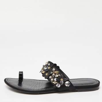 Pre Owned Louis Vuitton Black Satin Embellished Flat Slides Size 37.5   