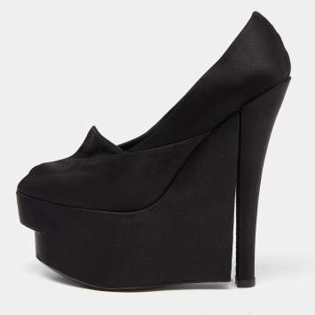 Pre Owned Louis Vuitton Black Satin Peep Toe Platform Wedge Pumps Size 37.5