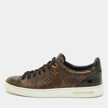Pre Owned Louis Vuitton Brown/Black Monogram Canvas and Patent Leather Frontrow Sneakers Size 36