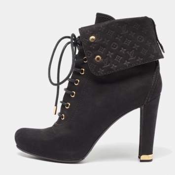 Pre Owned Louis Vuitton Black Nubuck Leather Lace Up Ankle Booties Size 39.5