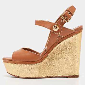 Pre Owned Louis Vuitton Beige Leather Wedge Sandals Size 38