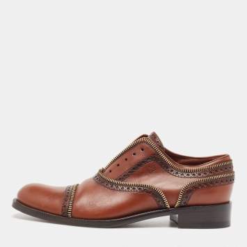 Pre Owned Louis Vuitton Brown Brogue Leather Zip Trim Slip On Oxfords Size 38.5
