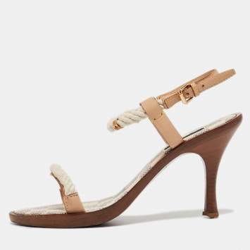 Pre Owned Louis Vuitton White/Beige Rope and Leather Ankle Strap Sandals Size 39