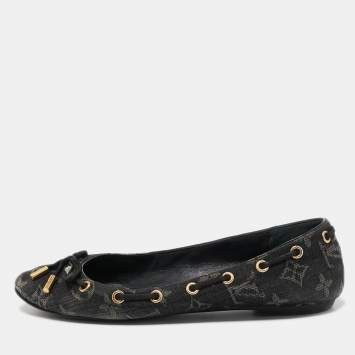 Pre Owned Louis Vuitton Black Monogram Denim Bow Ballet Flats Size 38