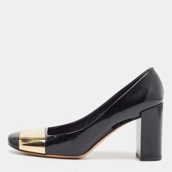 Pre Owned Louis Vuitton Black Patent Leather Gold Plate Block Heel Pumps Size 36