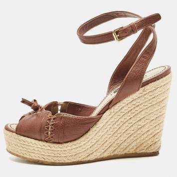 Pre Owned Louis Vuitton Brown Leather Wedge  Ankle Strap Sandals Size 37