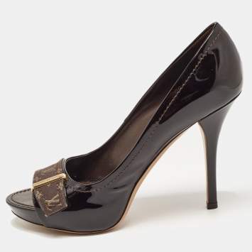 Pre Owned Louis Vuitton Dark Burgundy Patent Leather Open Toe Pumps Size 37.5