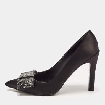 Pre Owned Louis Vuitton Black Satin Bow Pointed Toe Pumps Size 36.5