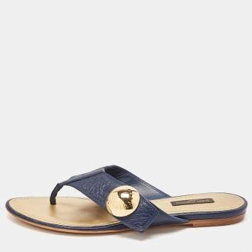 Pre Owned Louis Vuitton Blue Leather Thong Flat Slides Size 37