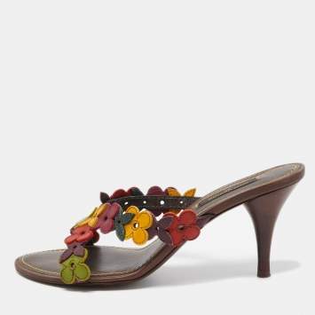 Pre Owned Louis Vuitton Multicolor Leather Flower Embellished Slide Sandals Size 37.5