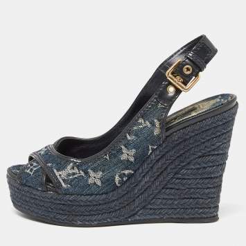 Pre Owned Louis Vuitton Navy Blue Monogram Denim Espadrille Wedge Slingback Pumps Size 37