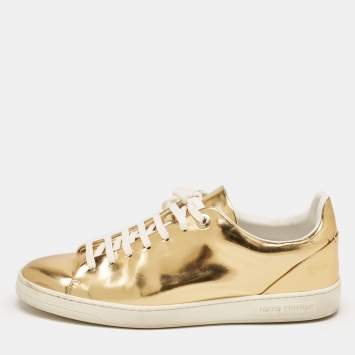 Pre Owned Louis Vuitton Gold Leather Frontrow  Low Top Sneakers Size 40.5