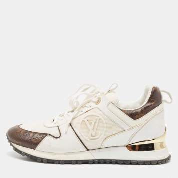 Pre Owned Louis Vuitton White Leather and Monogram Canvas Run Away Sneakers Size 38
