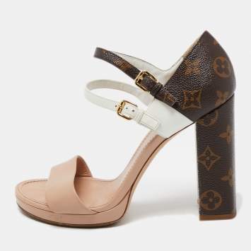 Pre Owned Louis Vuitton Tricolor Leather and Monogram Canvas Double Strap Sandals Size 38.5
