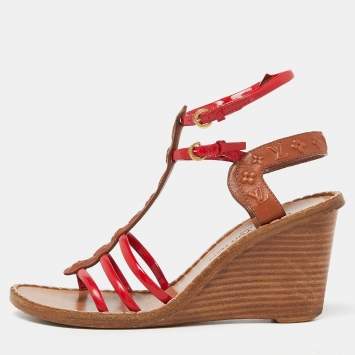 Pre Owned Louis Vuitton Brown/Red Monogram Embossed Leather and Patent T-Strap Wedge Sandals Size 37.5