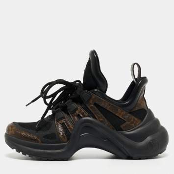 Pre Owned Louis Vuitton Black/Brown Leather and Monogram Canvas Archlight Sneakers Size 37