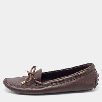 Pre Owned Louis Vuitton Brown Damier Ebene Canvas and Leather Arizona Bow Loafers Size 41