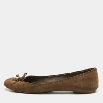 Pre Owned Louis Vuitton Brown Suede Dice Bow Ballet Flats Size 38