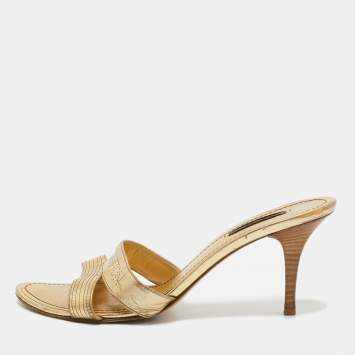 Pre Owned Louis Vuitton Gold Leather Slides Sandals Size 40.5