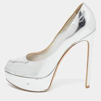Pre Owned Louis Vuitton Silver Leather Eyeline Pumps Size 37.5