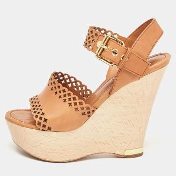 Pre Owned Louis Vuitton Brown Leather Wedge Ankle Strap Sandals Size 39