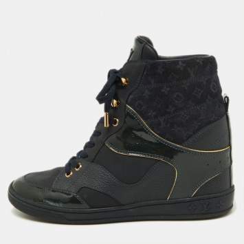 Pre Owned Louis Vuitton Navy Blue Monogram Embossed Suede and Leather Millenium Wedge Sneakers Size 39