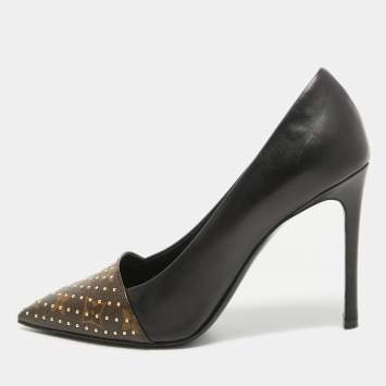 Pre Owned Louis Vuitton Brown/Black Monogram Canvas and Leather Pointed Toe Pumps Size 38.5
