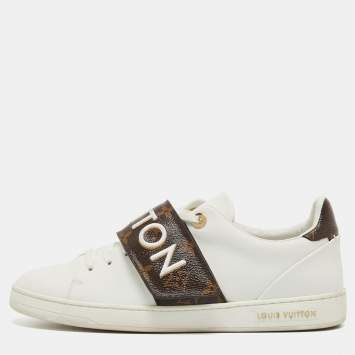 Pre Owned Louis Vuitton White/Brown Leather and Monogram Canvas Logo Strap Frontrow Sneakers Size 40