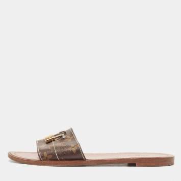 Pre Owned Louis Vuitton Brown Monogram Canvas Lock It  Flat Slides Size 37.5