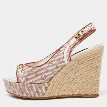 Pre Owned Louis Vuitton White/Red Canvas Wedge Sandals Size 40