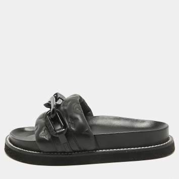 Pre Owned Louis Vuitton Black Monogram Embossed Leather LV Sunset Slides Size 37