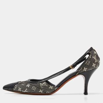 Pre Owned Louis Vuitton Black Monogram Canvas and Leather Cap Toe Pumps Size 37.5 